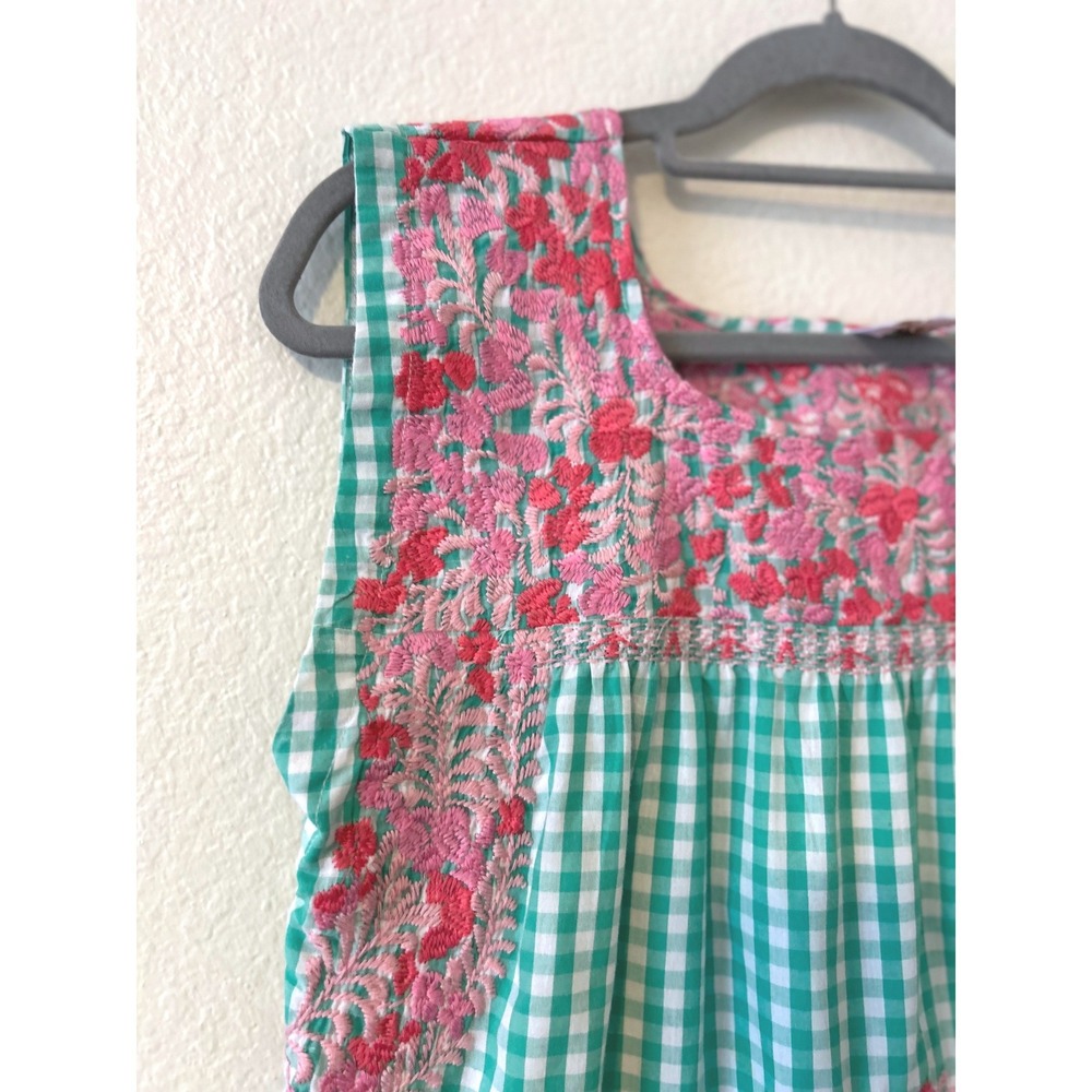 J. Marie‎ Boho Green Gingham Pink Floral Embroidered Sleeveless Top SZ S - Picture 2 of 7